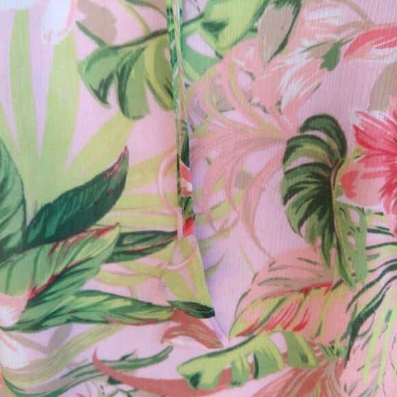 J Jill Pink Tropical Print Chiffon Tunic Top Size MP Hawaiian Tassels 3/4 Sleeve - Picture 7 of 11